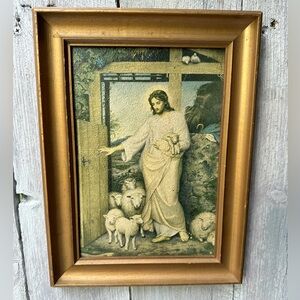 Antique Jesus "The Tender Shepherd" Religous Textured Framed Print